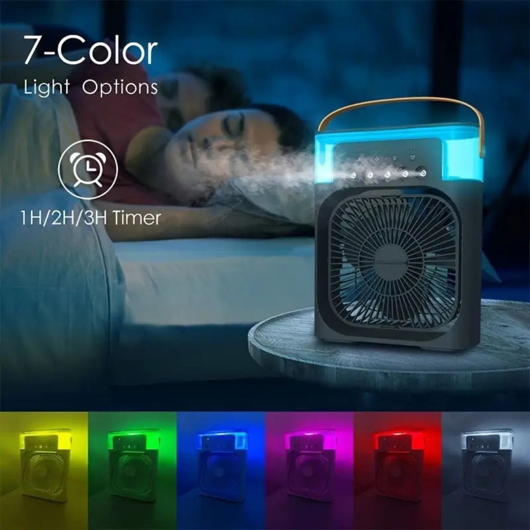 "Compact 3-in-1 portable air cooler humidifier, sleek design, adjustable fan speeds, ideal for small spaces, home or office u