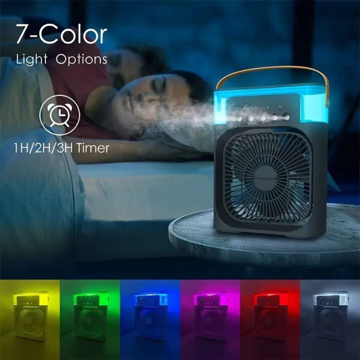 "Compact 3-in-1 portable air cooler humidifier, sleek design, adjustable fan speeds, ideal for small spaces, home or office u