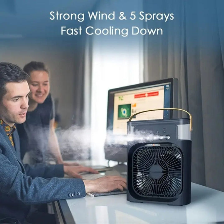 "Compact 3-in-1 portable air cooler humidifier, sleek design, adjustable fan speeds, ideal for small spaces, home or office u