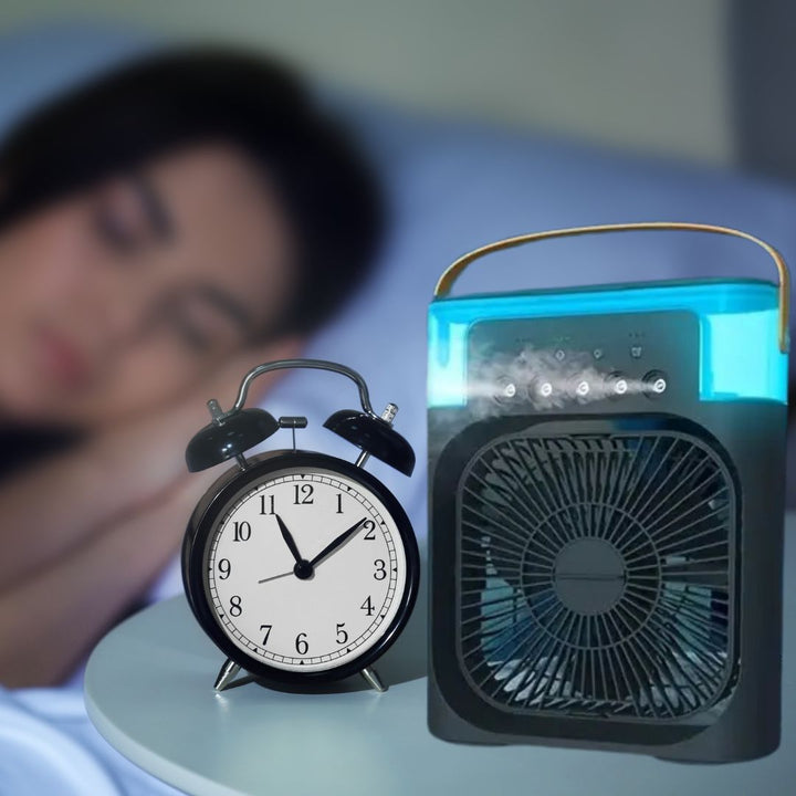 "Compact 3-in-1 portable air cooler humidifier, sleek design, adjustable fan speeds, ideal for small spaces, home or office u