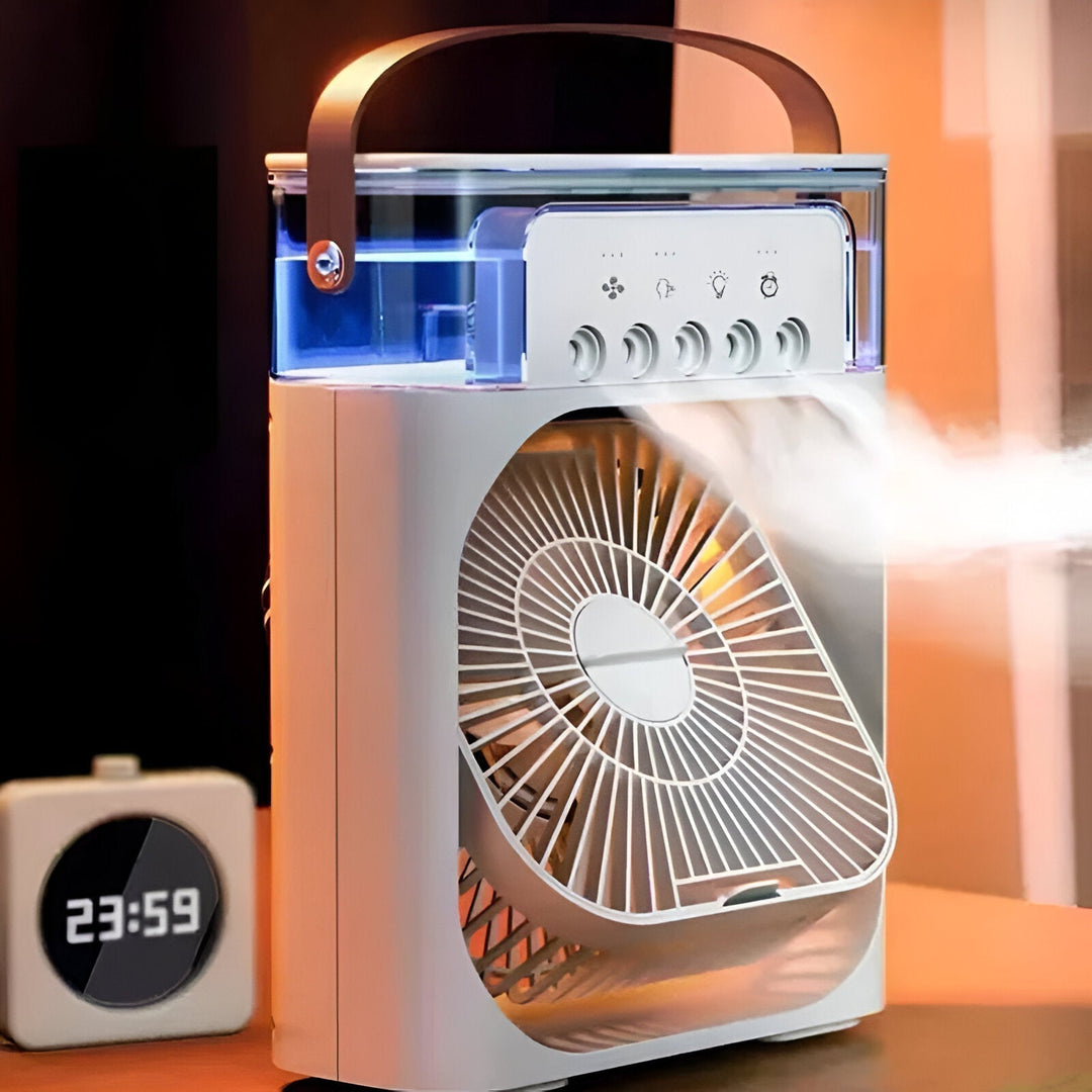 "Compact 3-in-1 portable air cooler humidifier, sleek design, adjustable fan speeds, ideal for small spaces, home or office u