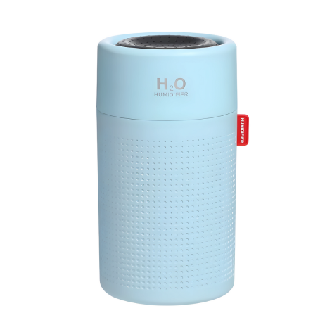 Compact blue and white portable rechargeable humidifier, enhancing air moisture, perfect for travel and home use.