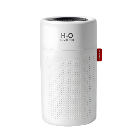Compact blue and white portable rechargeable humidifier, enhancing air moisture, perfect for travel and home use.
