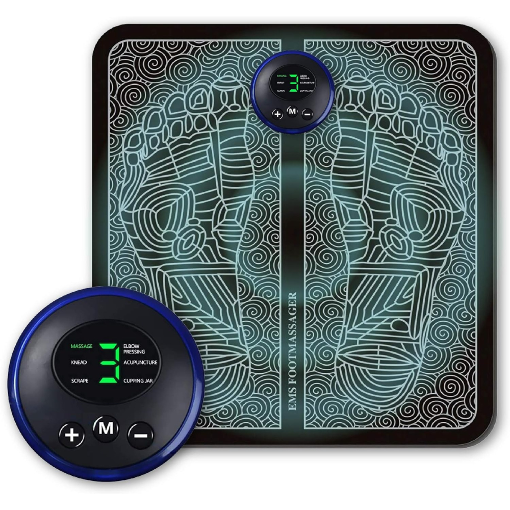 "Compact EMS foot massage pad with circular nodes for muscle relaxation and improved circulation, ideal for wellness therapy.