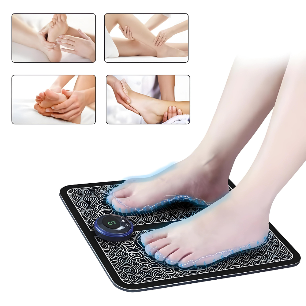 "Compact EMS foot massage pad with circular nodes for muscle relaxation and improved circulation, ideal for wellness therapy.