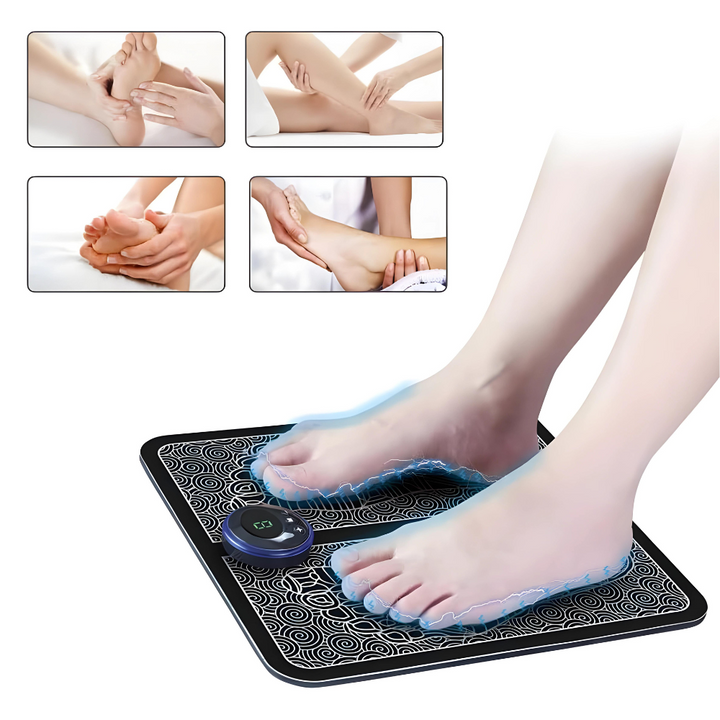 "Compact EMS foot massage pad with circular nodes for muscle relaxation and improved circulation, ideal for wellness therapy.
