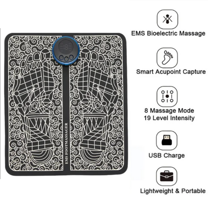 "Compact EMS foot massage pad with circular nodes for muscle relaxation and improved circulation, ideal for wellness therapy.