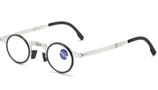 Portable foldable reading glasses for travel, compact silver frame unisex eyewear for on-the-go vision aid.