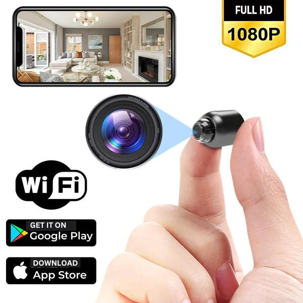 Compact HD home security camera. Features 160° wide-angle, night vision & WiFi for discreet indoor surveillance.