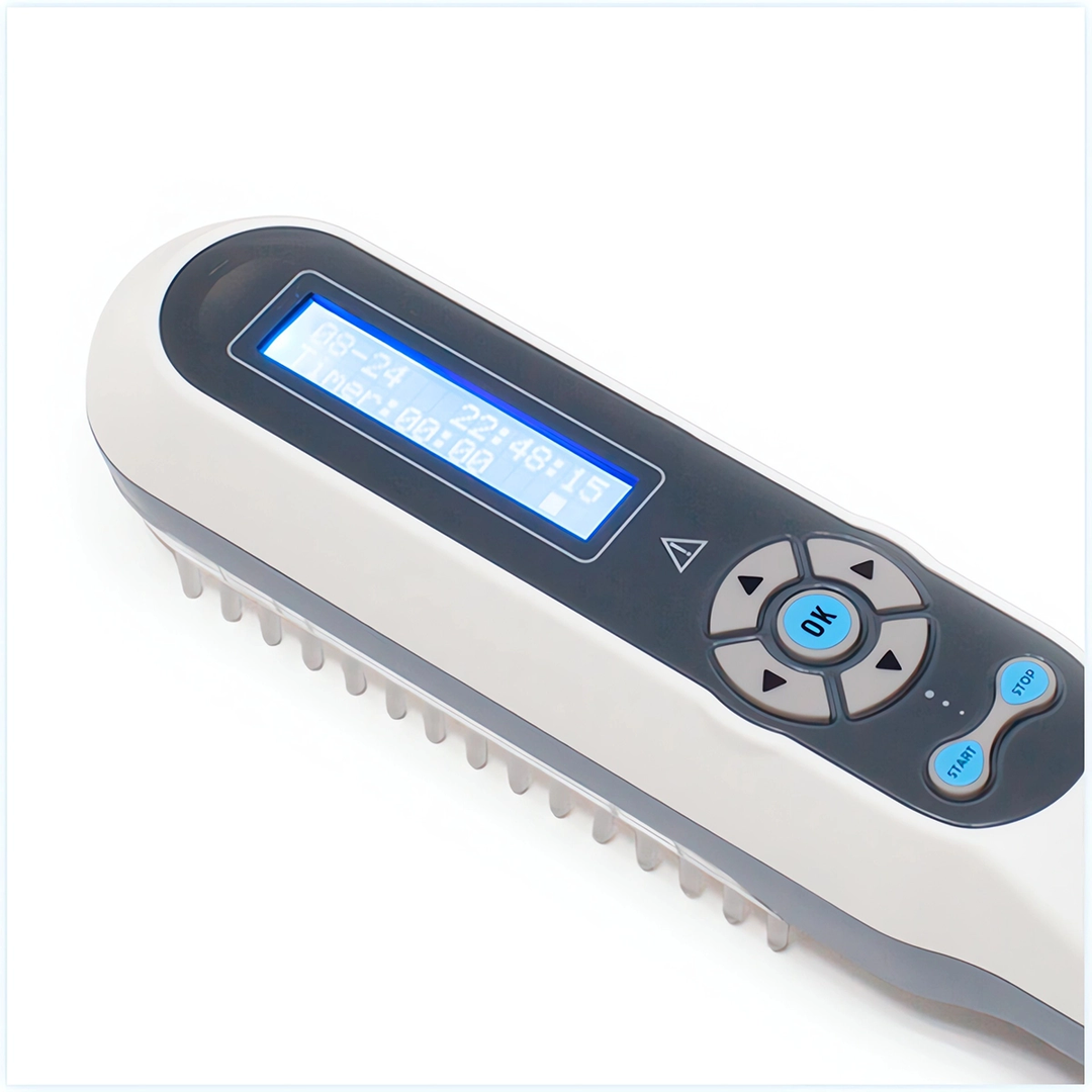 "Compact handheld UVB light therapy device for skin conditions, featuring a portable design and clear LCD display."