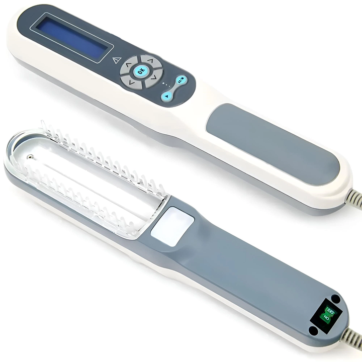 "Compact handheld UVB light therapy device for skin conditions, featuring a portable design and clear LCD display."