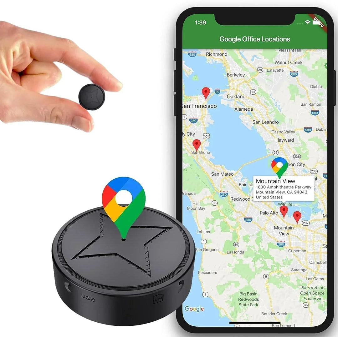 Compact magnetic GPS tracker for real-time vehicle tracking, anti-theft security & asset protection.