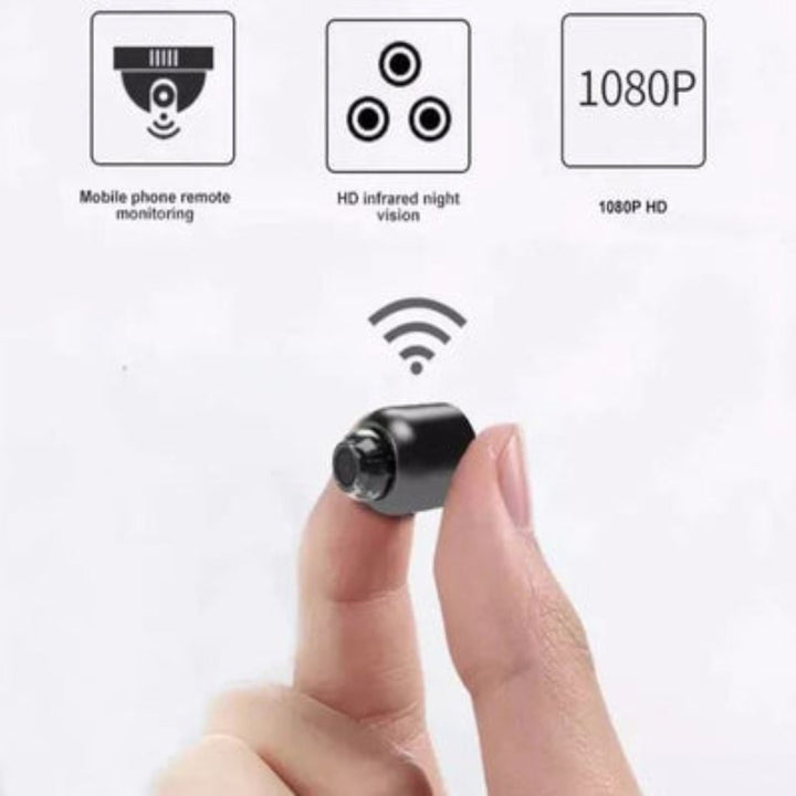"Compact mini spy camera with WiFi, night vision; 1080P HD video, audio features for discreet surveillance."