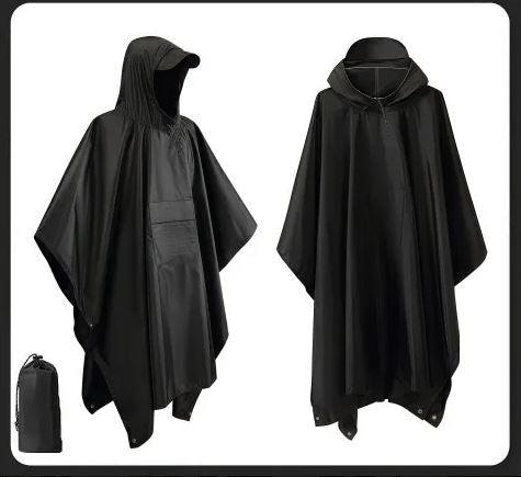 Compact, packable unisex rain poncho, ideal lightweight outdoor gear for hiking, camping, and travel emergencies.