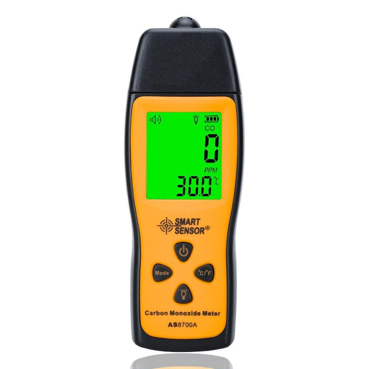 "Compact portable handheld CO detector with alarm, featuring a large LCD display, for monitoring carbon monoxide levels safel