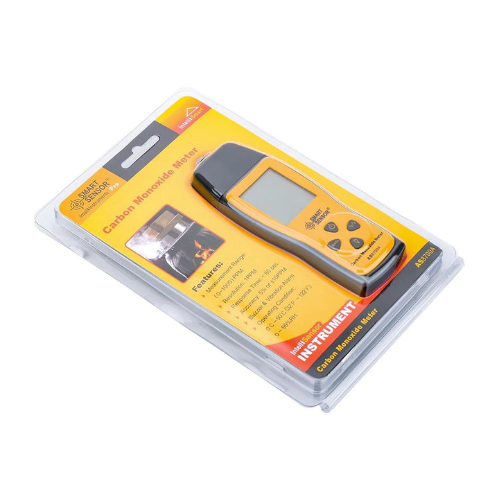 "Compact portable handheld CO detector with alarm, featuring a large LCD display, for monitoring carbon monoxide levels safel
