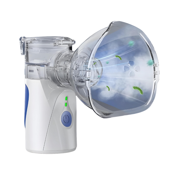 Compact portable ultrasonic nebulizer for respiratory relief; shown with mask, mouthpiece, and travel-friendly design.