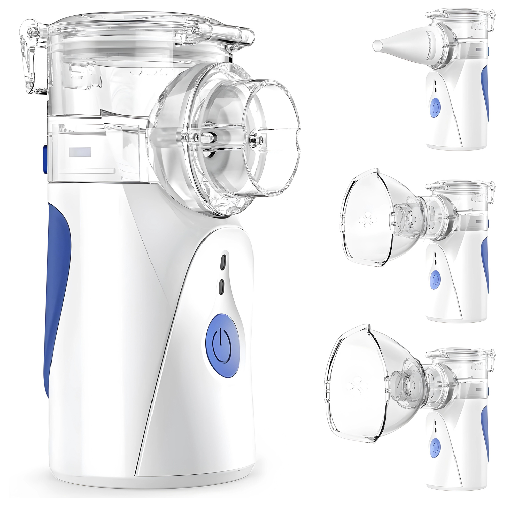Compact portable ultrasonic nebulizer for respiratory relief; shown with mask, mouthpiece, and travel-friendly design.