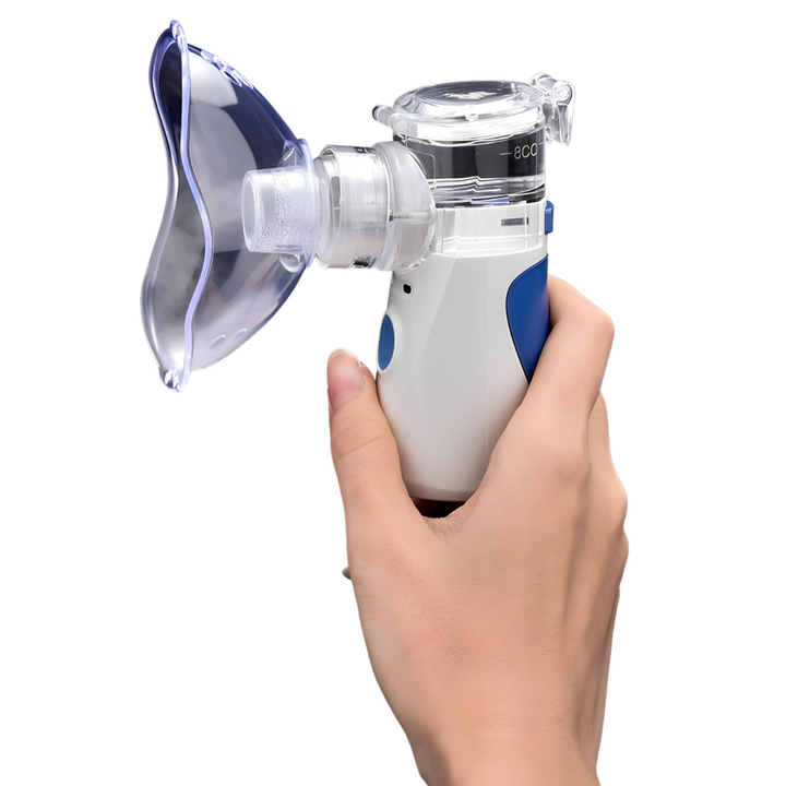 Compact portable ultrasonic nebulizer for respiratory relief; shown with mask, mouthpiece, and travel-friendly design.