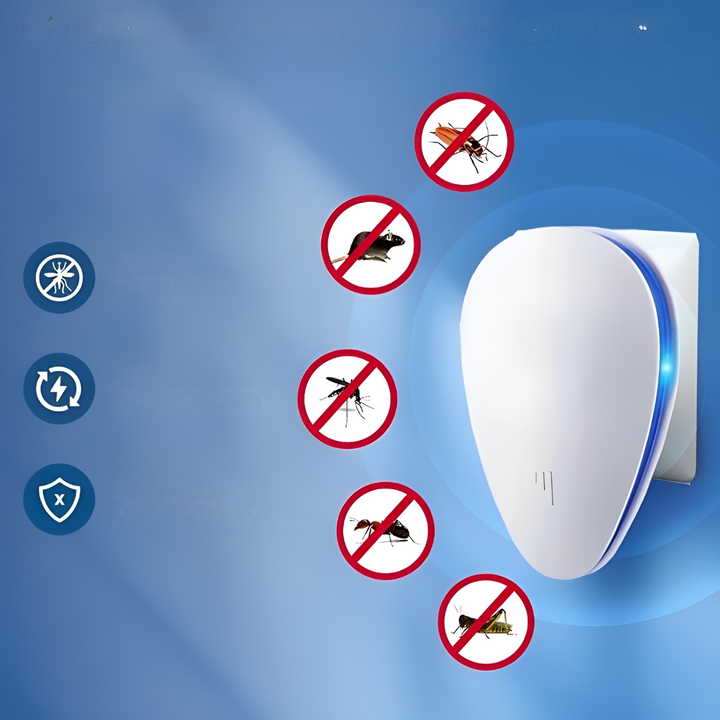 Discreet ultrasonic pest repellent plugged into a wall outlet, offering easy, chemical-free insect and rodent control.