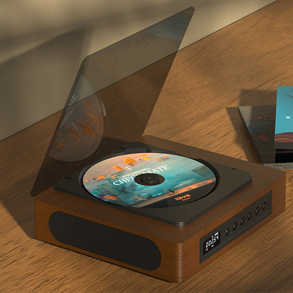 "Compact vintage-style Bluetooth CD player with retro design, FM radio, Bluetooth connectivity, and LCD display for modern us