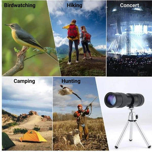 Compact waterproof monocular telescope with 10x zoom, night vision, and smartphone compatibility for outdoor adventures.