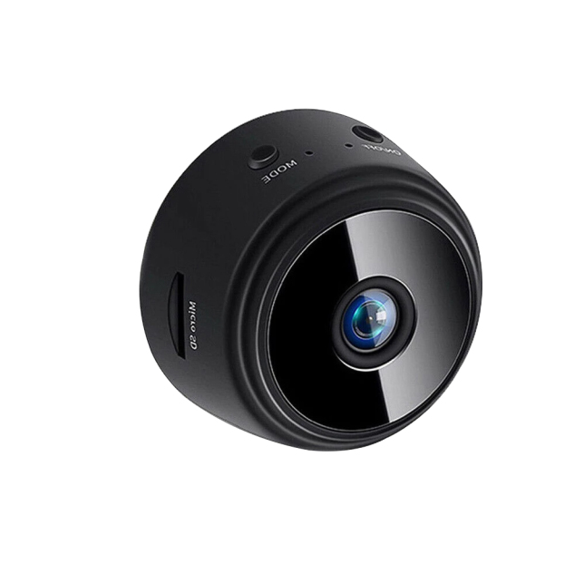 "Compact wireless spy camera with 1080p HD, night vision, sleek black design, discrete for home security monitoring."
