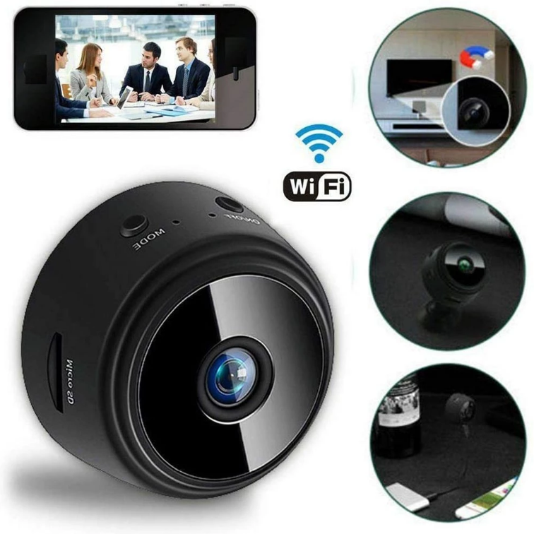 "Compact wireless spy camera with 1080p HD, night vision, sleek black design, discrete for home security monitoring."