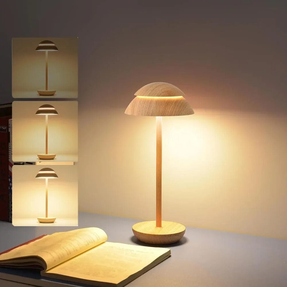 "Cordless rechargeable modern table lamp with touch dimming, minimalist design in chic finishes like Black, Gold, and Walnut.