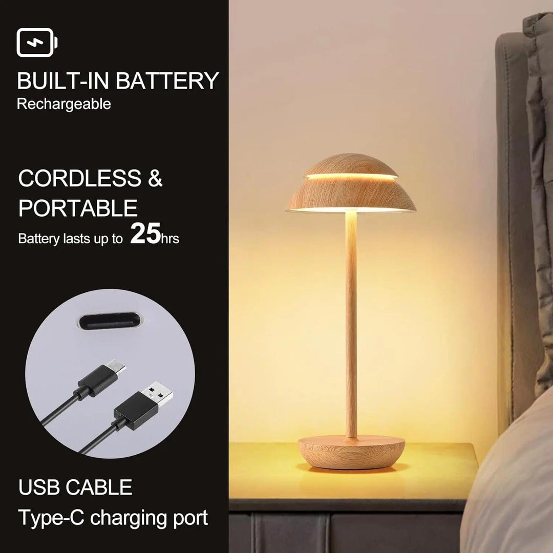 "Cordless rechargeable modern table lamp with touch dimming, minimalist design in chic finishes like Black, Gold, and Walnut.