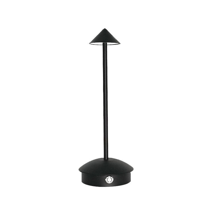 "Cordless rechargeable table lamp, sleek pine-like design, touch control, USB-powered, waterproof, dimmable LED lighting."