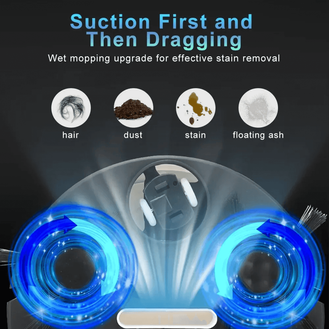 Cordless robotic vacuum cleaner with smart navigation on wooden floor, showcasing three-in-one sweeping, vacuuming, mopping.