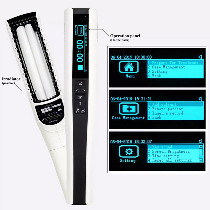 Cordless UVB lamp for at-home skin therapy, medium 5x2" area, LED screen, non-invasive treatment for psoriasis and eczema.
