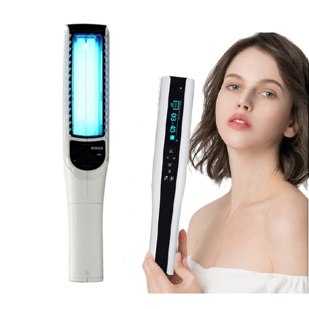 Cordless UVB lamp for at-home skin therapy, medium 5x2" area, LED screen, non-invasive treatment for psoriasis and eczema.