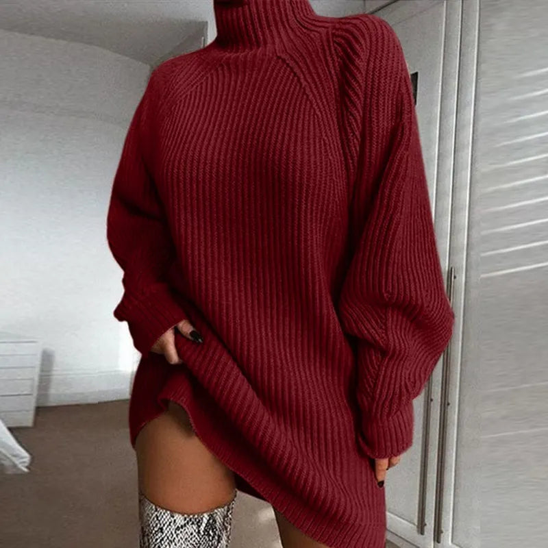Woman wearing a cosy Celeste turtleneck midi dress, perfect for winter warmth & fall fashion.