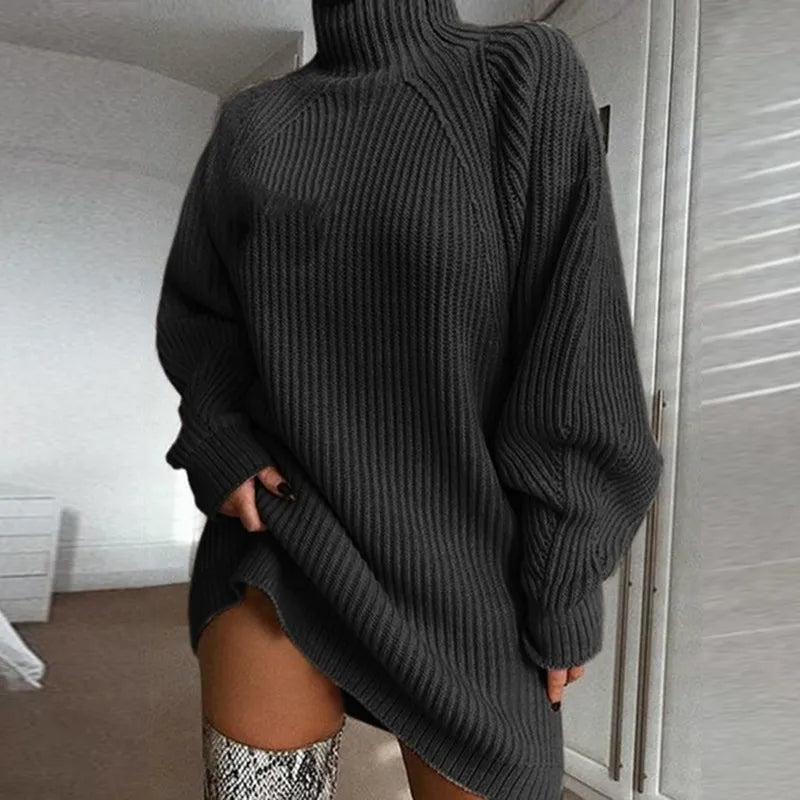 Chic Celeste turtleneck dress, a warm long-sleeve midi for women seeking winter comfort and style.
