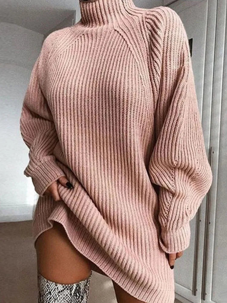 Elegant women's Celeste turtleneck midi dress, ideal long sleeve fall fashion for cold weather.