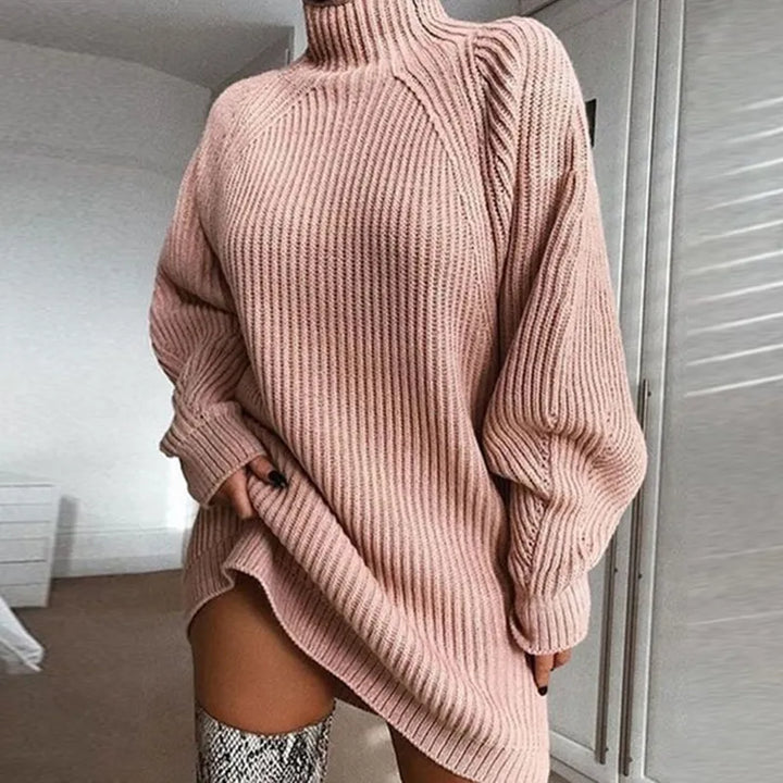 Celeste cosy turtleneck midi dress, designed for women's winter warmth with long sleeves.