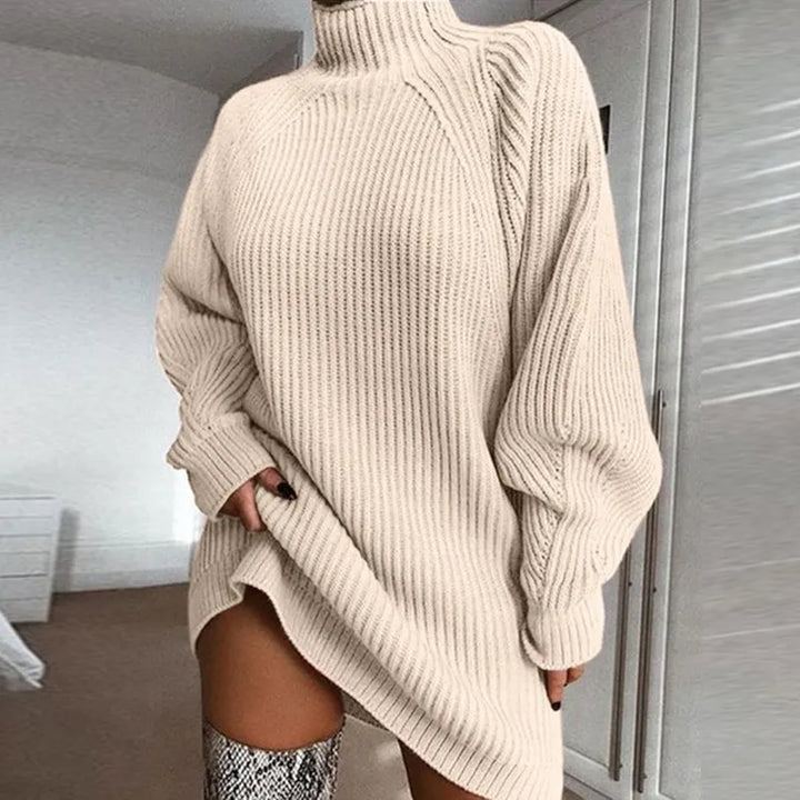 Luxurious feel Celeste turtleneck midi dress for women, a warm & stylish long-sleeve winter essential.