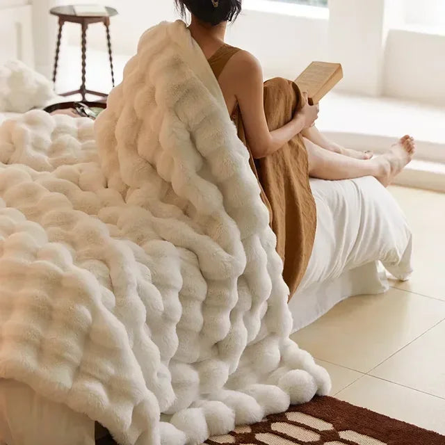 Luxurious anti-pilling fluffy faux fur blanket; soft & cozy home decor.