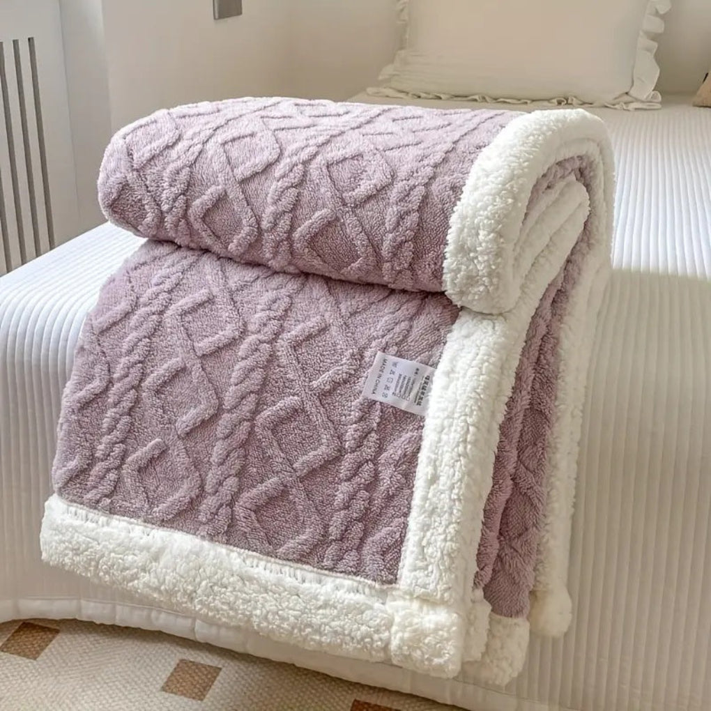 Cozy unisex diamond knit sherpa blanket with plush, soft texture, perfect for warm comfort and home decor.
