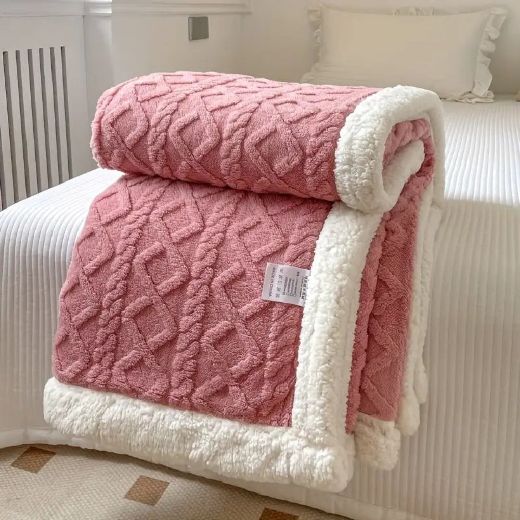 Unisex cozy sherpa blanket featuring a luxurious diamond knit design, perfect for snuggling and adding warmth.