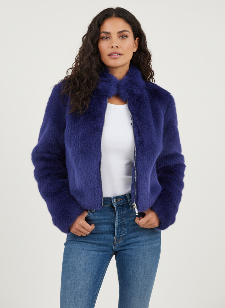 Comfortable women's cropped jacket, cozy outerwear for winter and autumn style. A chic casual fashion piece.