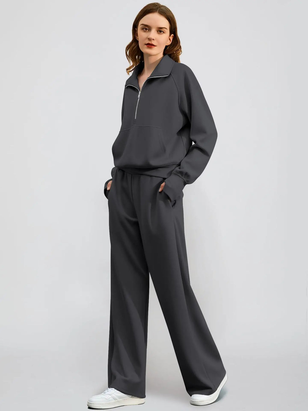 Women's relaxed fit half-zip sweatshirt and wide-leg pants. Perfect cozy two-piece loungewear outfit.