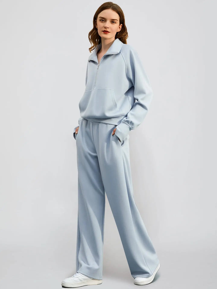 Versatile women's leisure set: cozy half-zip top & wide-leg pants. Ideal for casual comfort.