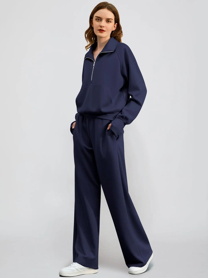 Women's half-zip sweater and wide-leg pant loungewear set. Comfortable, relaxed fit casual outfit.