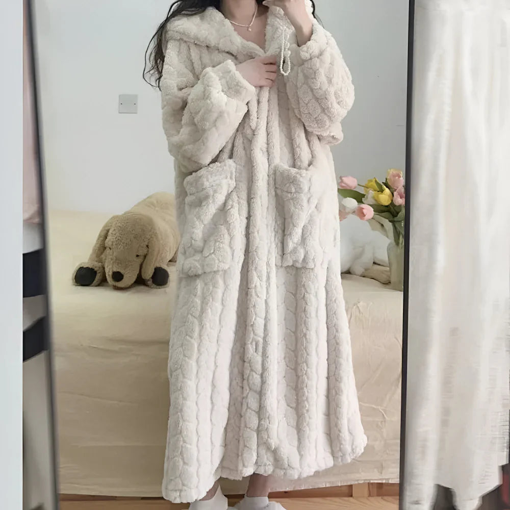 Cozy women's hooded long sleeve lounge robe, perfect for winter relaxation and comfort wear.
