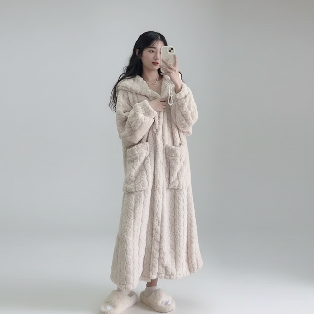 Plush women's winter bathrobe with hood & long sleeves, ideal for ultimate comfort and home wear sleepwear.