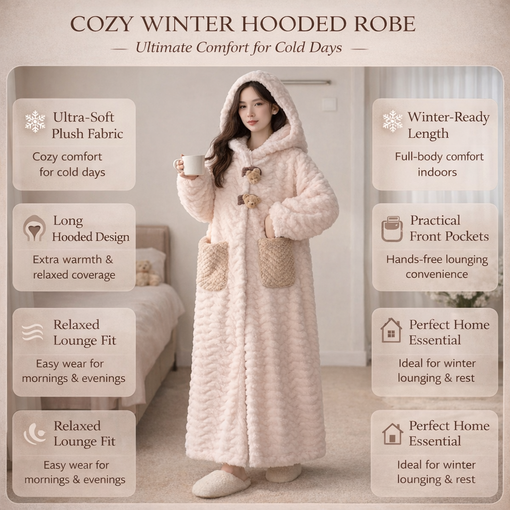 Luxurious women's hooded long sleeve bathrobe, a perfect cozy winter gift for her, ideal for home comfort.