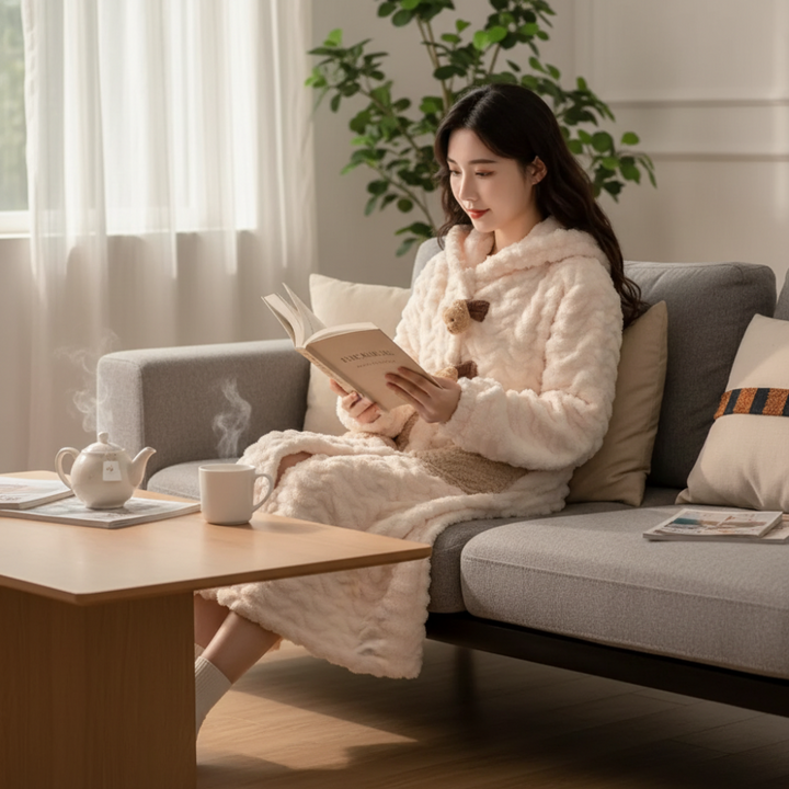 Stylish women's long sleeve hooded lounge robe for cozy winter sleepwear and relaxed home comfort.